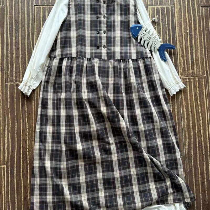 现货速发7787复古格子无袖背心连衣裙新款慵懒风休闲A字长裙