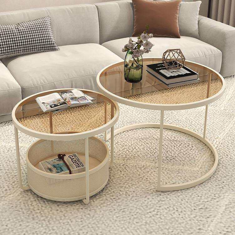 法式奶油风网红玻璃茶几小户型客厅家用现代简约可移动小圆桌茶桌