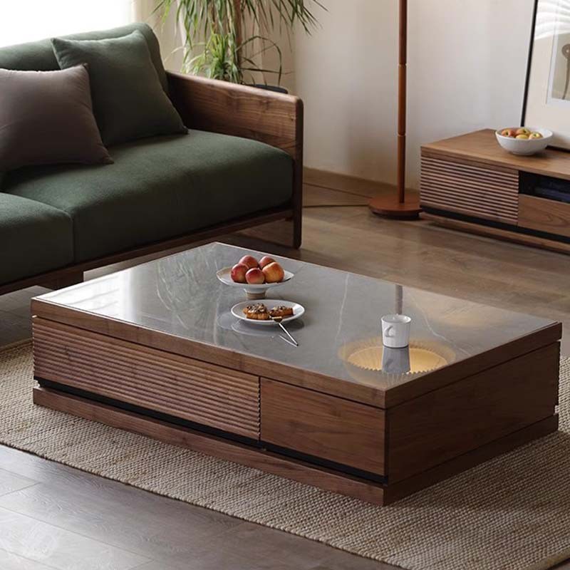 北美黑胡桃木茶几现代简约实木岩板边几樱桃木家用客厅沙发矮茶桌