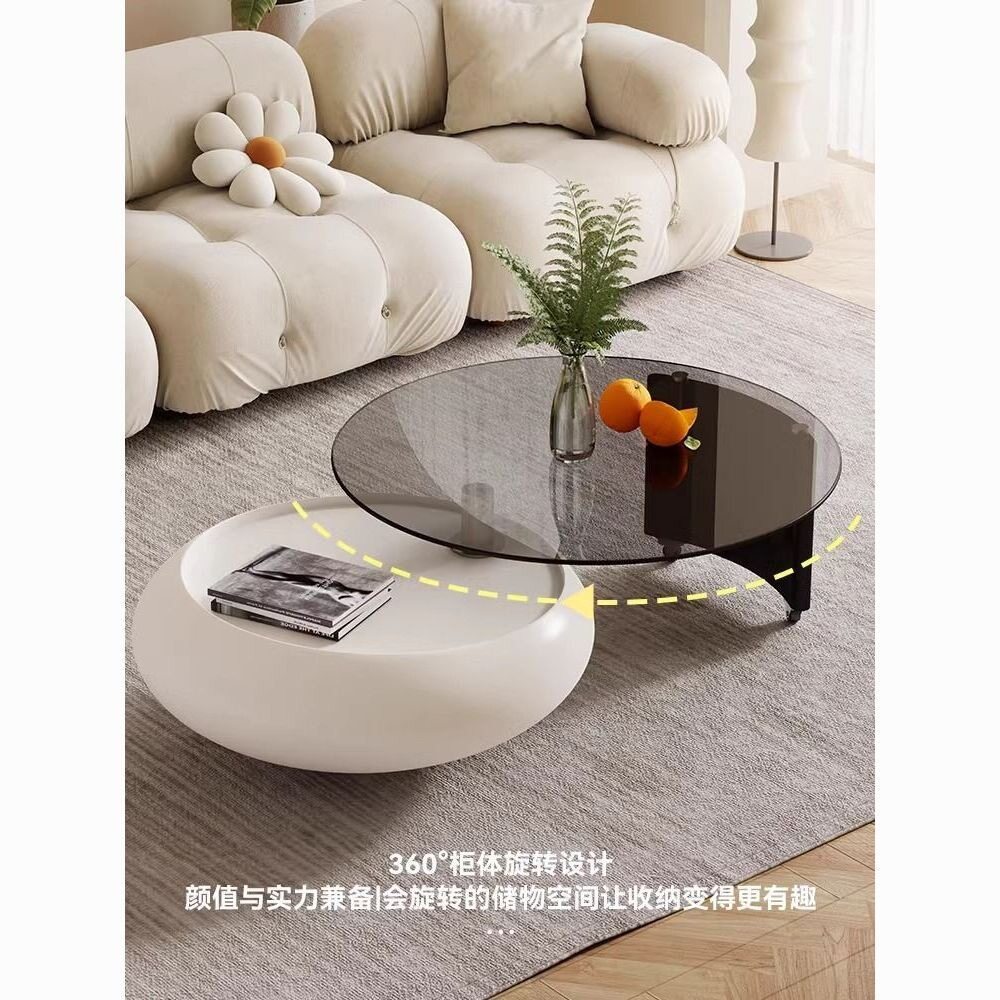 旋转奶油钢化玻璃茶几家用意式轻奢圆形小户型设计师客厅组合