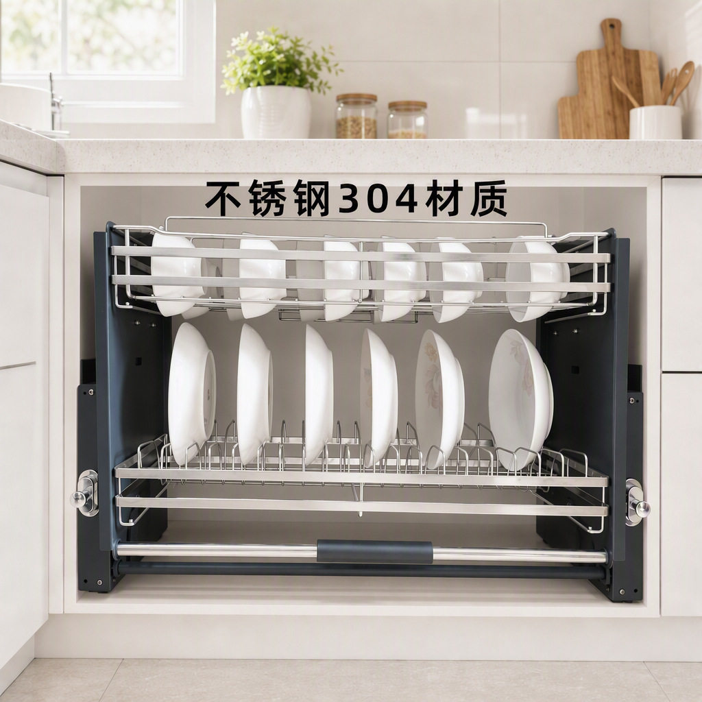 厨房吊柜下拉式拉篮阻尼缓冲不锈钢碗碟架橱柜拉篮收纳升降拉篮