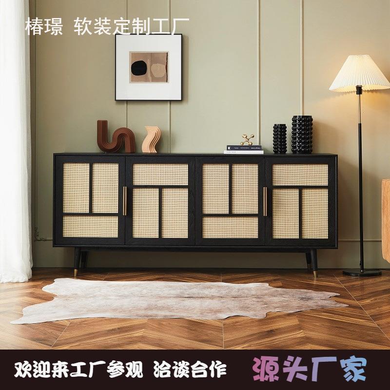 北欧中古风格藤编餐边柜复古做旧橡木置物柜实木储物柜客厅玄关柜