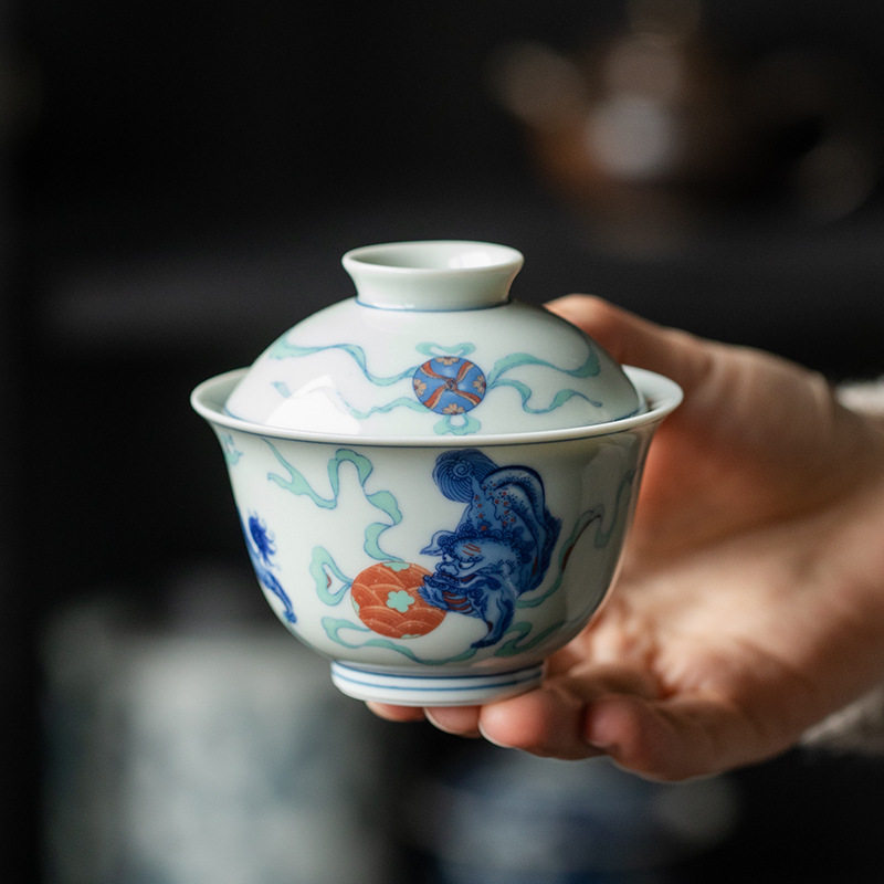 仿古青花陶瓷盖碗单个二才釉中复古泡茶碗茶杯釉里红茶具德化陶瓷
