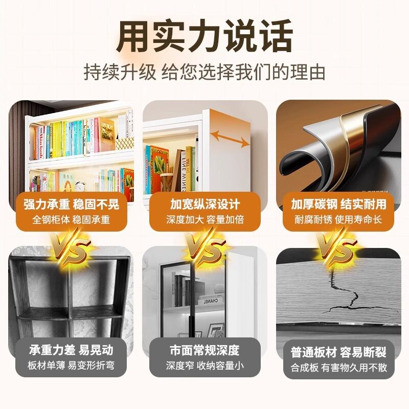 钢制书柜落地靠墙带门玻璃展示柜儿童书架家用铁皮储物柜收纳柜子图片