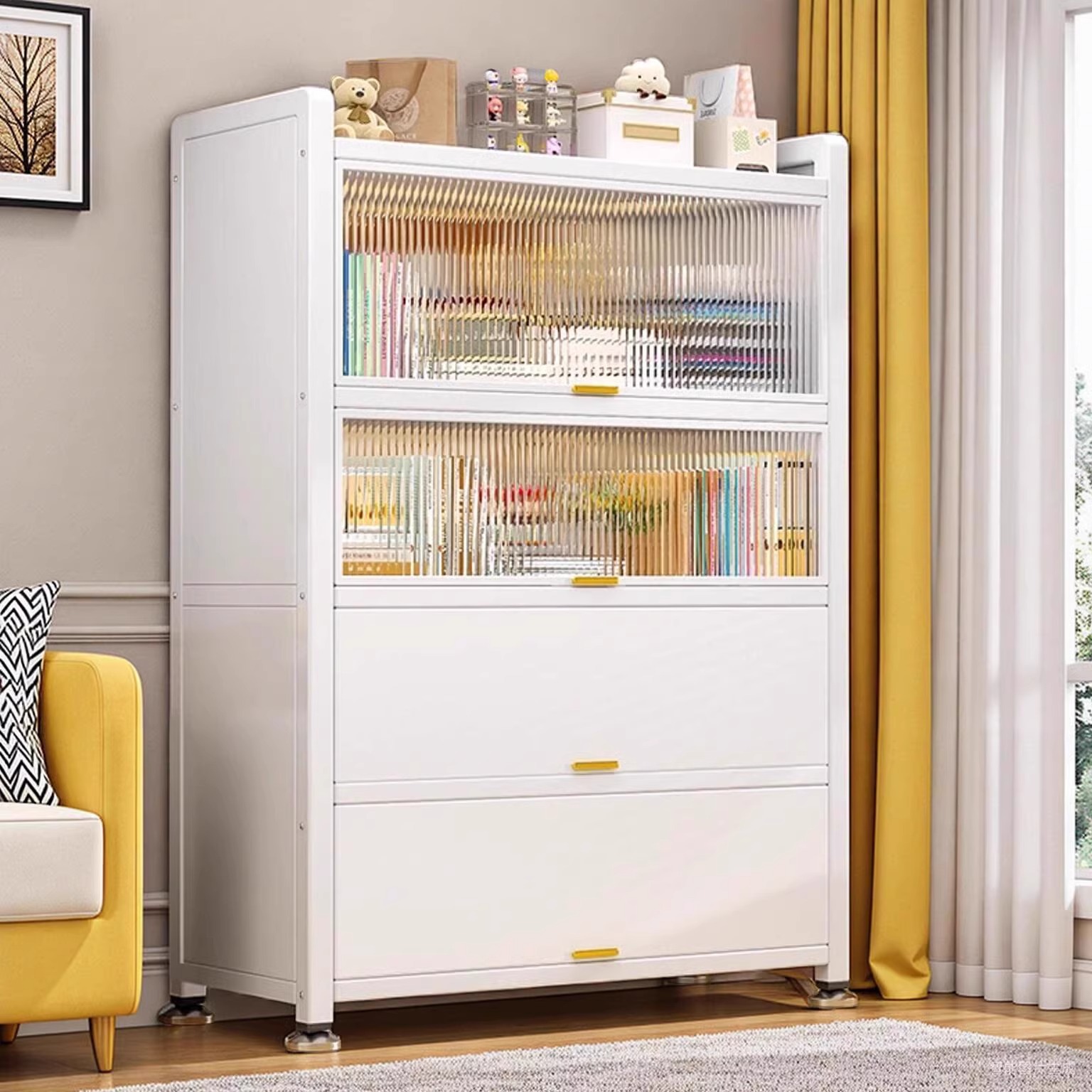 家用上翻门书柜钢制收纳柜落地客厅防尘储物柜儿童书架铁艺置物架