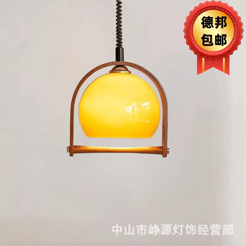 中古玻璃吊灯可伸缩餐厅吧台灯日式实木诧寂风复古岛台餐桌饭厅灯