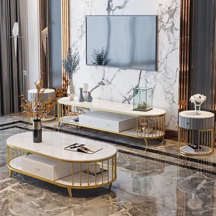 北欧大理石电视柜茶几组合小户型客厅椭圆形轻奢视听柜套装岩板