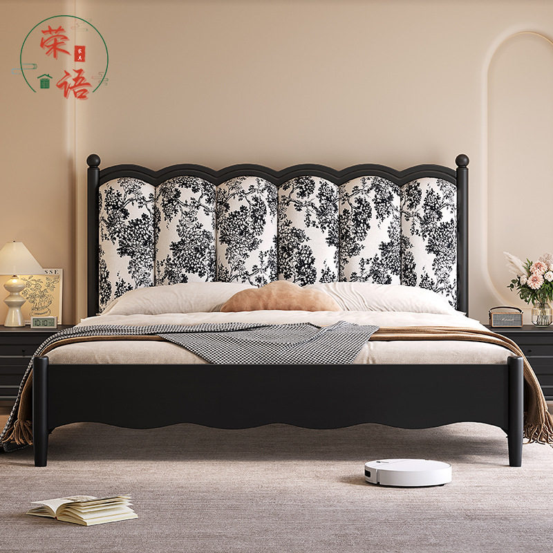 中古风实木床简约现代主卧双人床1.5米可储物1.8米双人床卧室家具图片