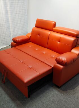 沙发床两用可折叠头枕小户型休闲简奢双人位时尚橙色铁架沙发床