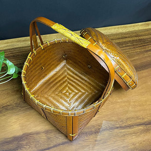 精品手工竹编篮复古竹篮竹筐箩筐手提篮茶道收纳篮子带盖食盒竹篓