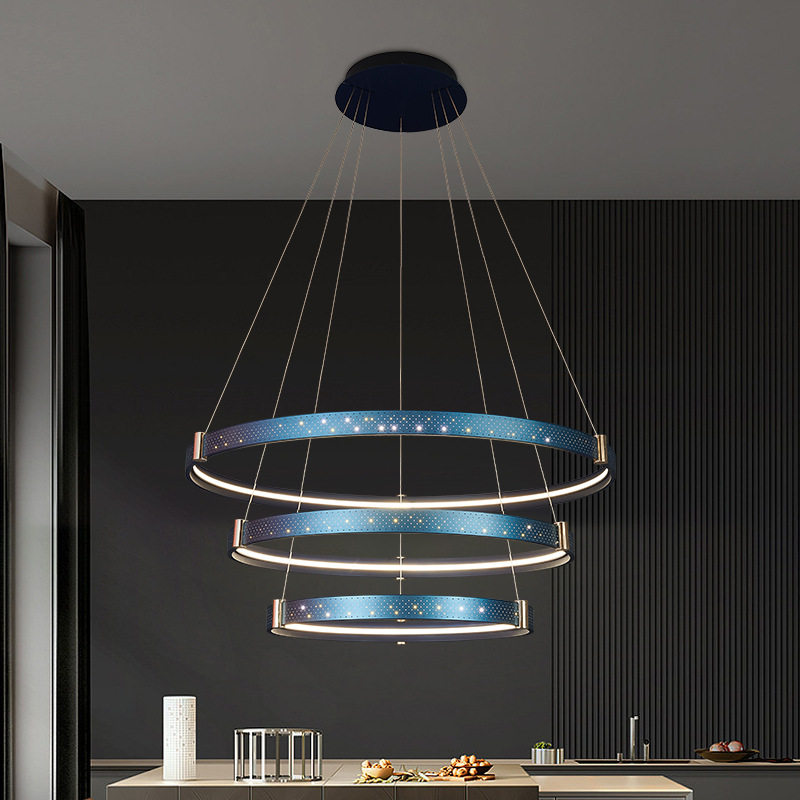 餐厅吊灯北欧简约梦幻蓝圆环形led餐吊灯创意个性卧室书房灯具