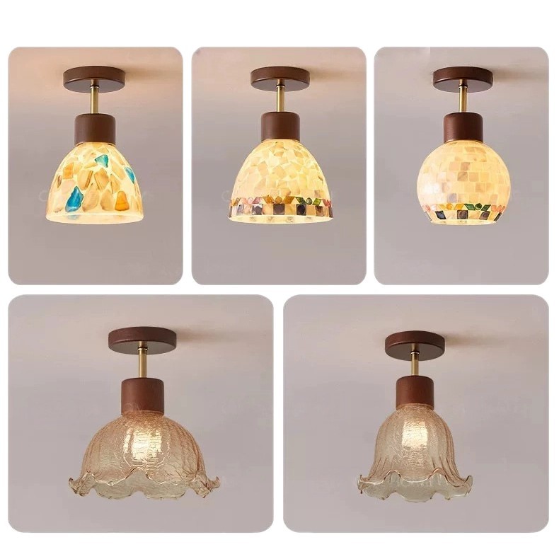 中古风胡桃木色贝壳玄关吸顶灯