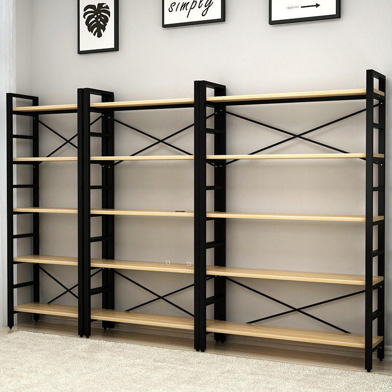 钢木书架简易置物架客厅展示货架创意落地多层储物架收纳架子铁艺