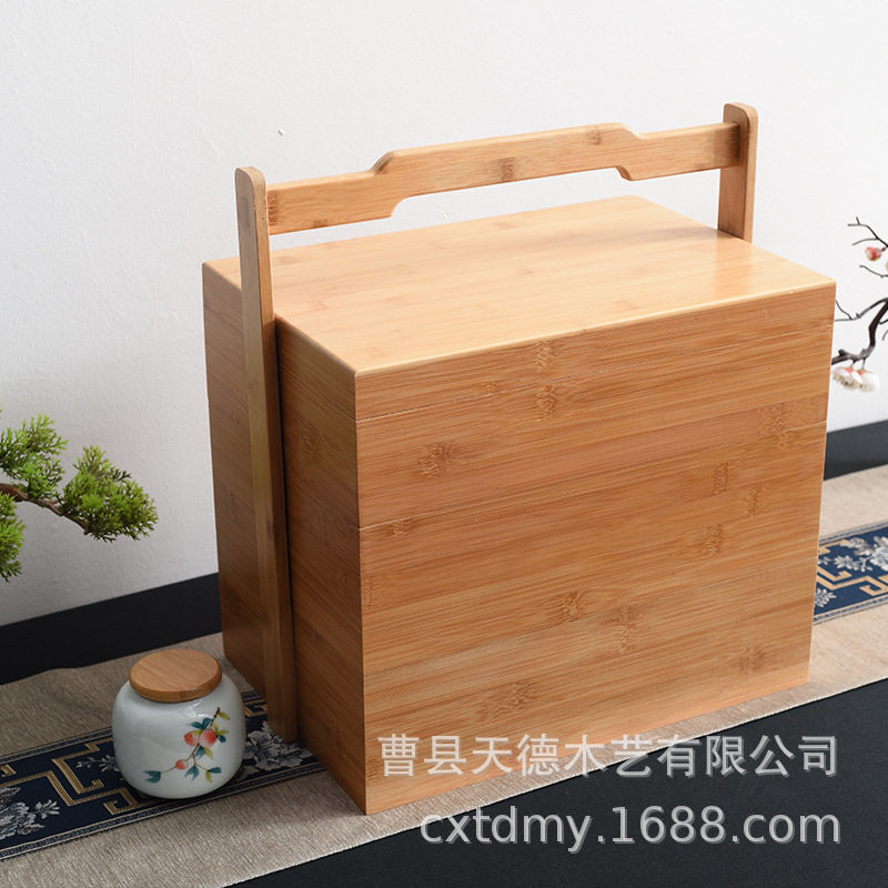 木制手提式餐盒竹木提盒点心收纳木盒创意手提篮收纳箱收纳篮批发