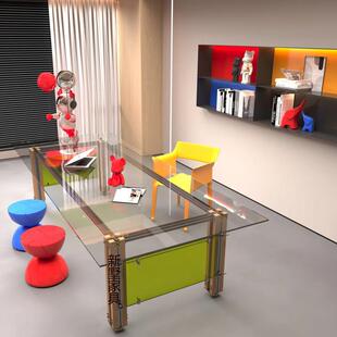 创意亚克力桌子主管桌轻奢工作室铝型材玻璃书桌长方形桦木大班台