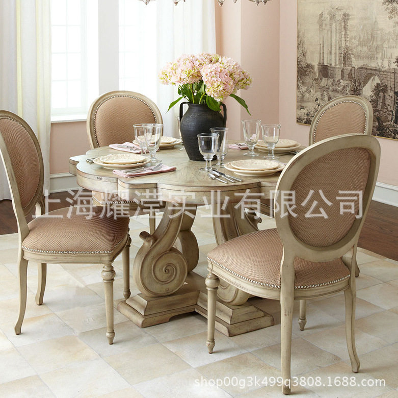 美式实木餐桌订置家具餐厅橡木雕花做旧圆形大饭桌一桌四椅组合