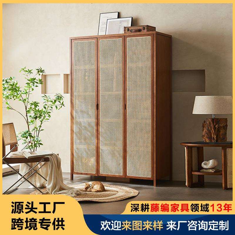 日式实木藤编衣柜小户型家用三门储物柜诧寂风复古民宿酒店衣橱柜