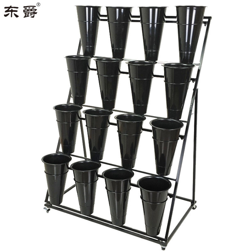 花店鲜花展示架多层阶梯花架摆花带万向轮铁艺架子养花桶塑料花筒