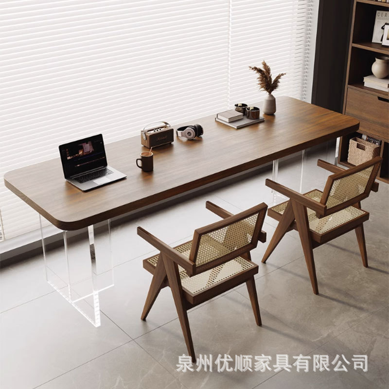 简约亚克力悬浮实木双人书桌学生靠墙长条学习桌卧室家用电脑桌