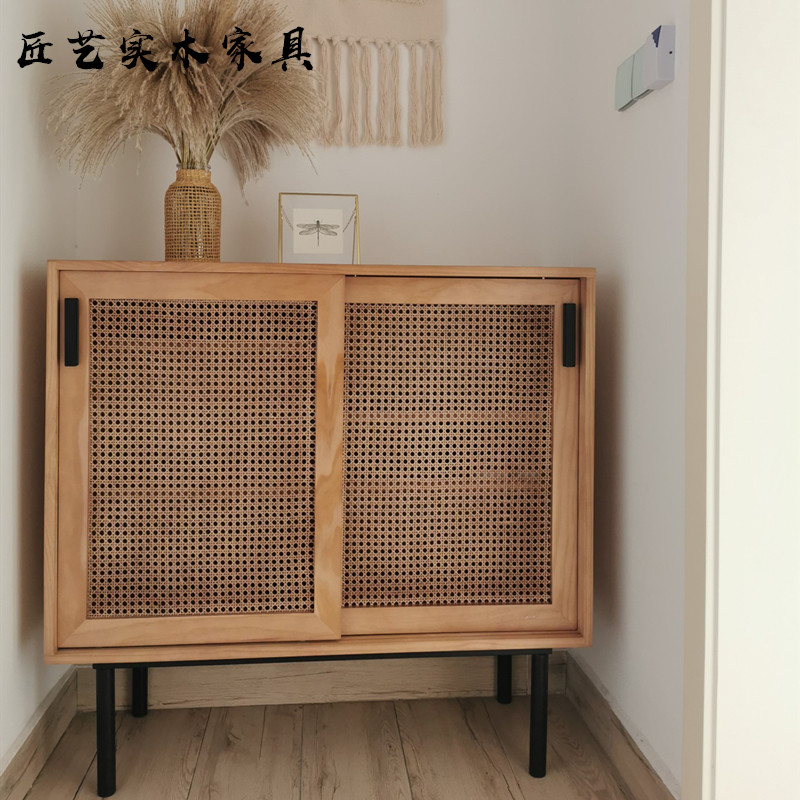 日式复古藤编实木储物餐边柜