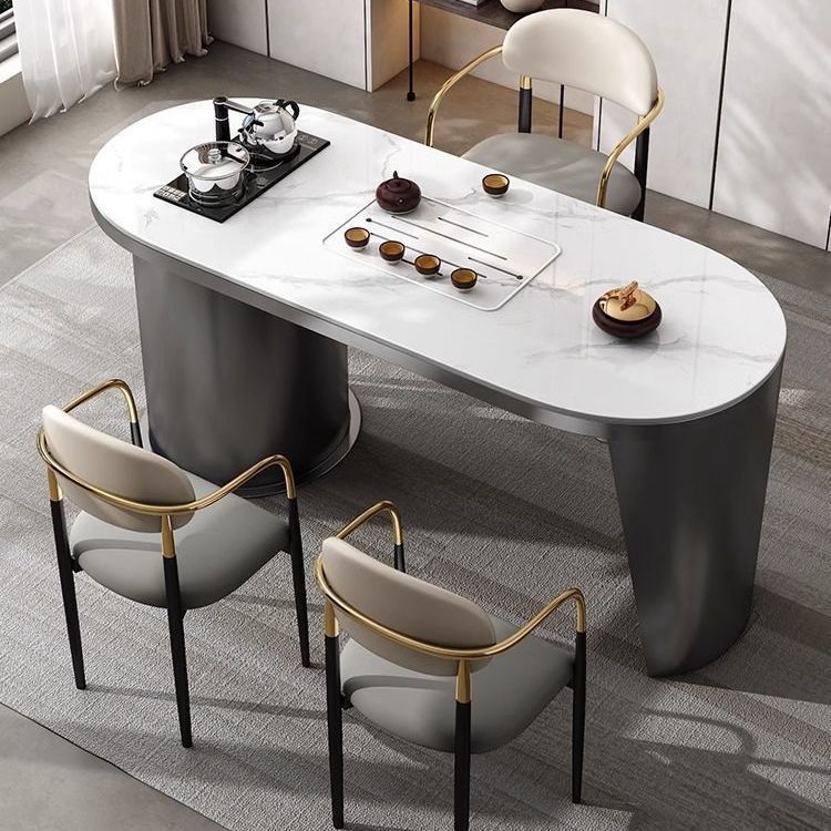 椭圆型现代简约岩板茶桌茶台阳台客厅泡茶一体茶桌整套金属意新款