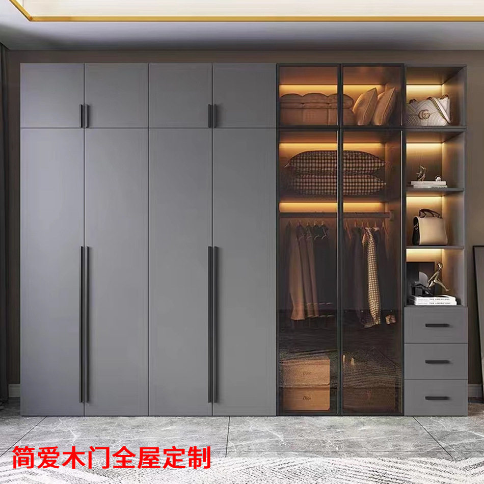 PET轻奢极简实木衣柜门橱柜门酒柜玻璃门餐边柜铝框入户玄关柜