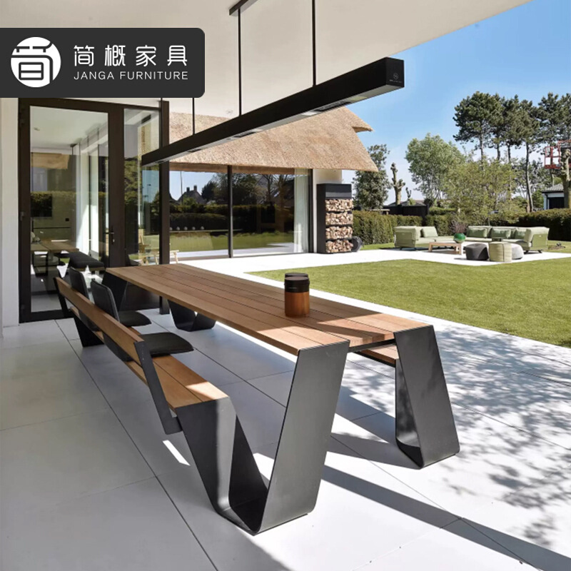 户外花园庭院派对连体桌椅小区公园休闲长凳长桌餐厅外摆塑木桌椅
