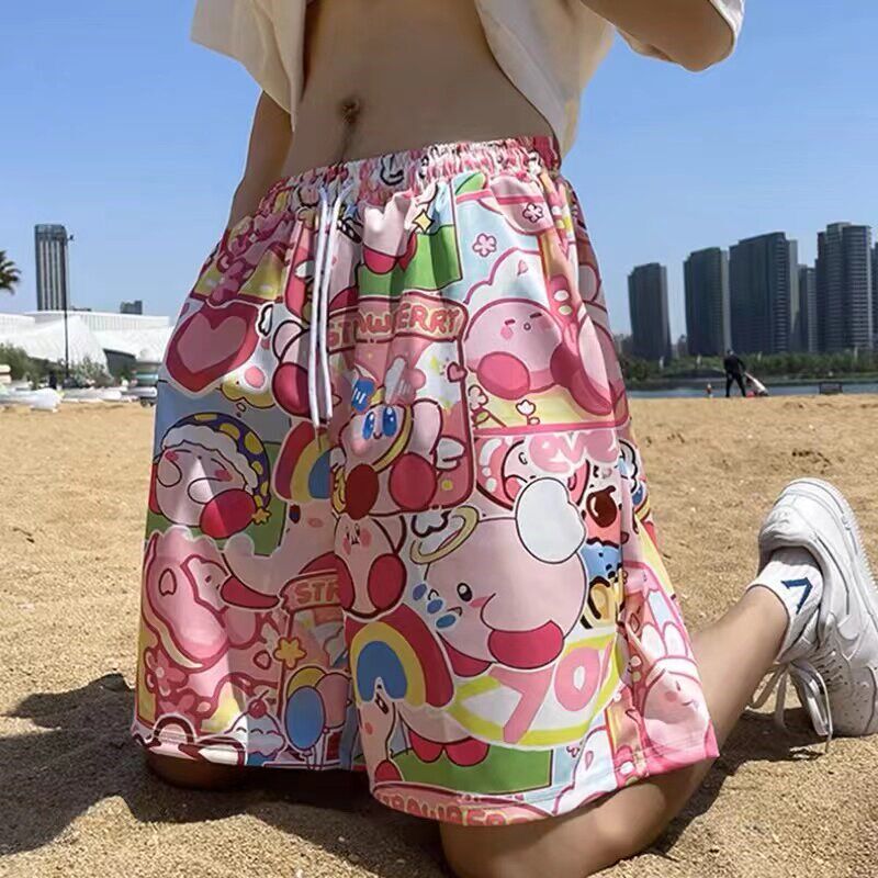 速发星之卡比粉色沙滩短子裤男休闲宽松居家睡裤可下水速干裤花夏