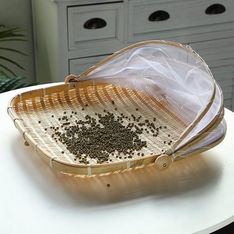 现货速发簸箕防蚊虫竹编筐圆形馒头筐凉晒手编笼纱网带盖簸箕竹筛