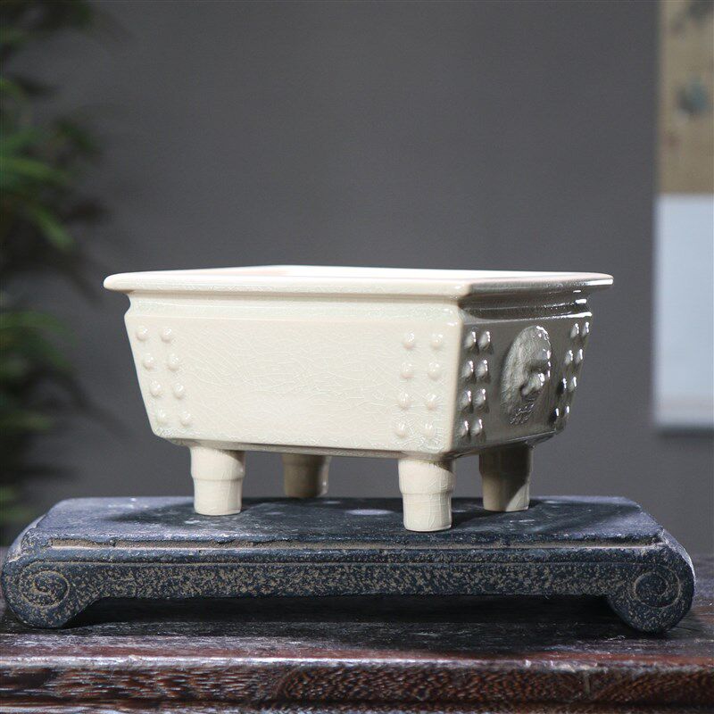 现货速发长方形陶瓷盆景盆兽面兽钮鼓丁香炉款高足鼎紫砂花盆日式