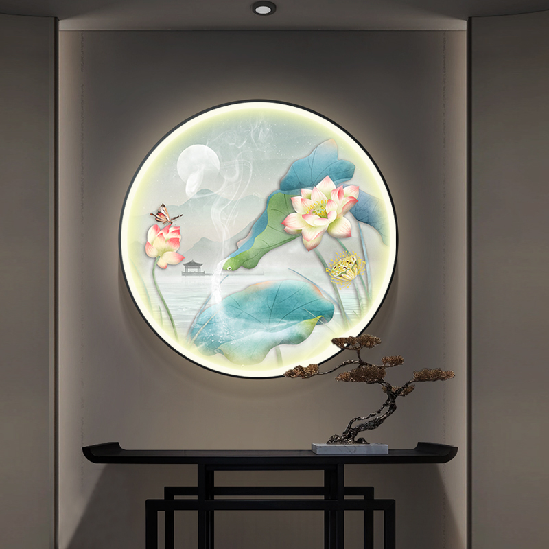 荷花装饰画新中式圆形玄关画led灯走廊过道挂画茶室餐厅背景墙画图片