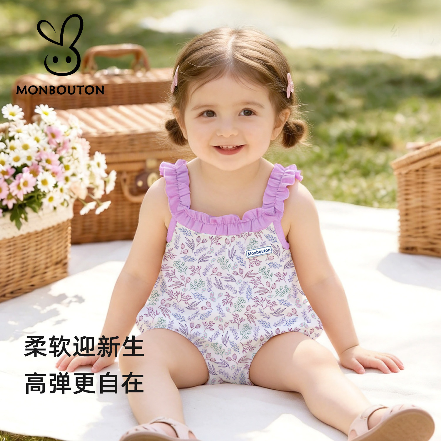 Mon Bouton婴儿包屁衣吊带爬服薄款满月百天夏天衣服女宝宝连体衣