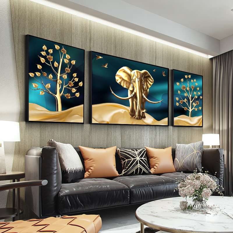 5d钻石画满钻发财树大象点钻十字绣钻石绣2020新款客厅抽象三联画