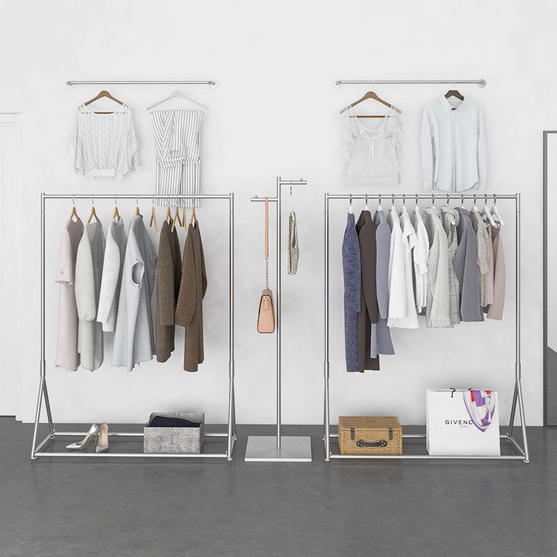 服装店衣架展示架落地式不锈钢拉丝银色女装店上墙壁挂式衣服架子