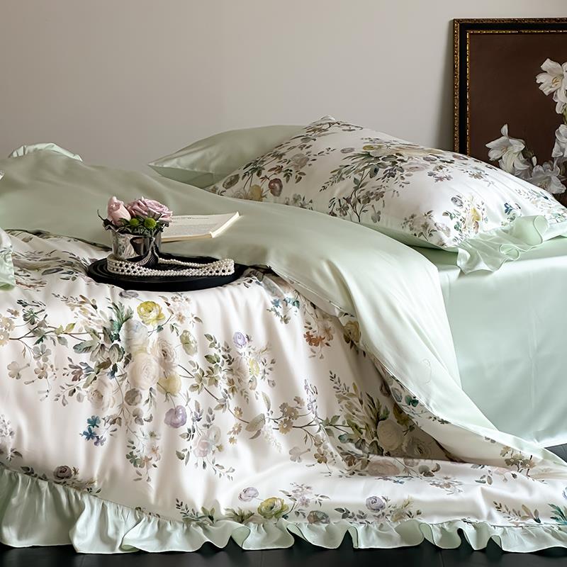 法式田园复古风印花天丝棉四件套夏季冰丝床单公主荷叶边被套床品