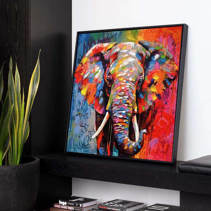 彩色手绘大象油画客厅装饰画简约现代抽象艺术挂画动物轻奢方形画