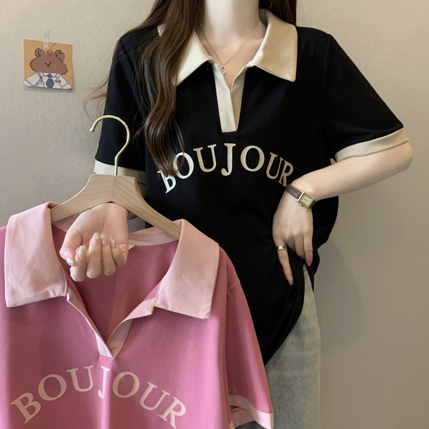 2025大码减龄气质正肩t恤女夏短袖polo衫胖妹妹遮肉显瘦美式上衣