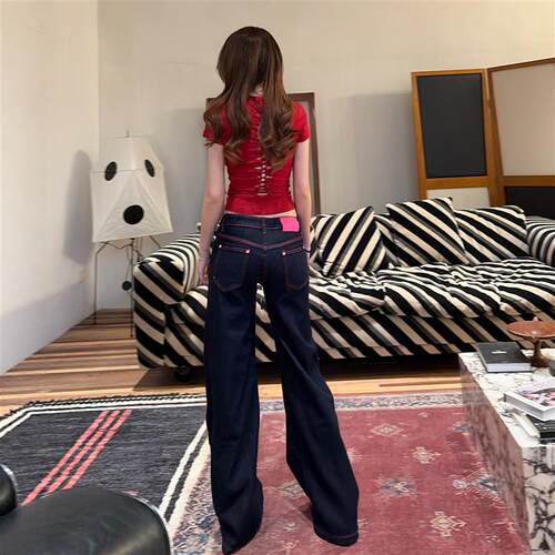 MY FAERIE粉标辣妹~原牛质感美式设计感复古阔腿牛仔裤春季新款