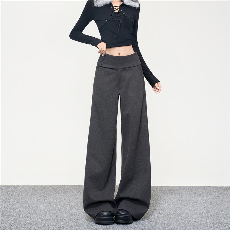 深灰色毛呢阔腿裤女2025新款秋冬高腰显瘦宽松设计感西装休闲裤子