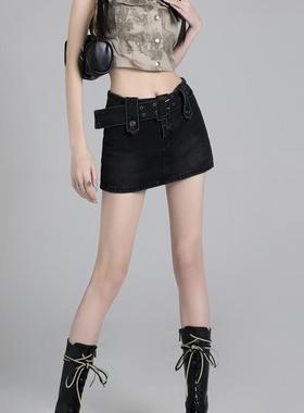 ZAVK2024春夏新品女显瘦A字ins风防走光黑色修身时尚包臀牛仔短裙