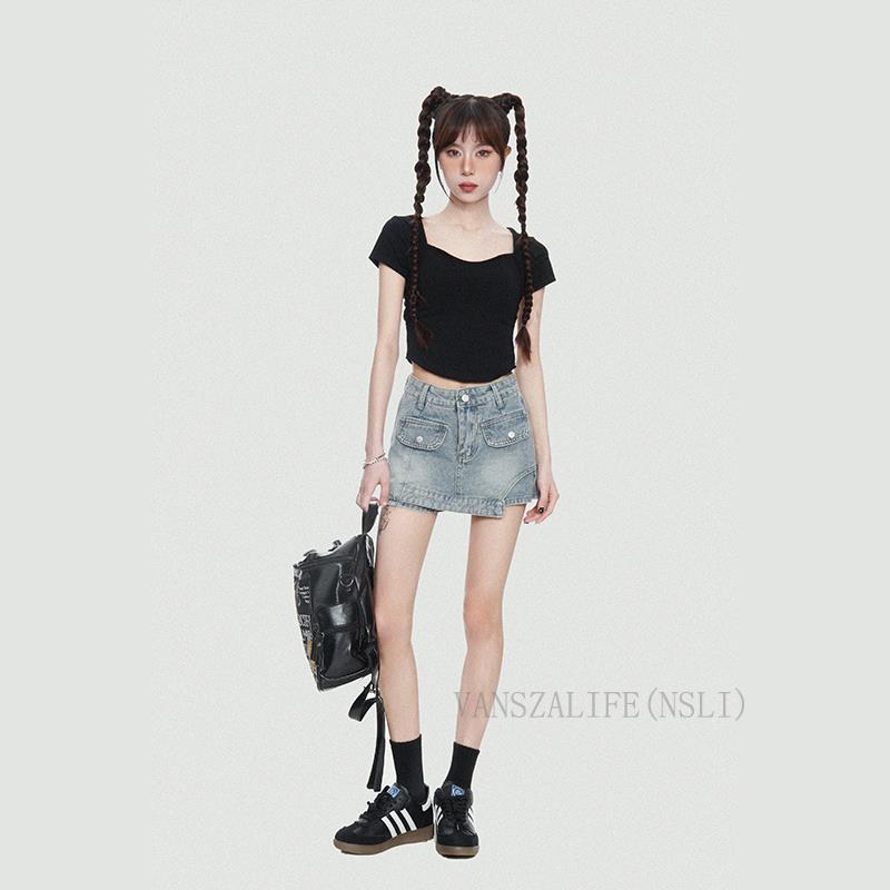 NSLI复古洋气简约不规则a字短裙高腰显瘦小众设计感包臀牛仔裙裤