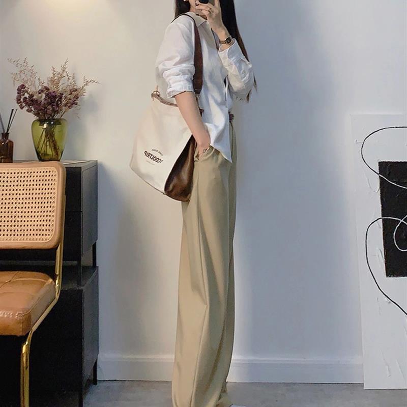 卡其色阔腿裤女2025春秋新款休闲直筒宽松显瘦高腰西装裤工装裤子