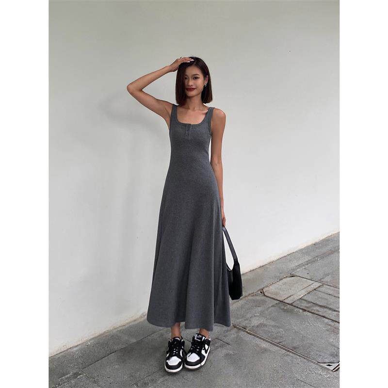 ousph 灰色方领开口连衣裙女夏季气质吊带性感收腰法式背心长裙子
