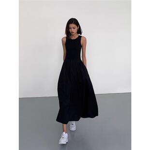 修身 ousph 新款 针织连衣裙女2024夏季 大裙摆气质长裙 黑色圆领无袖