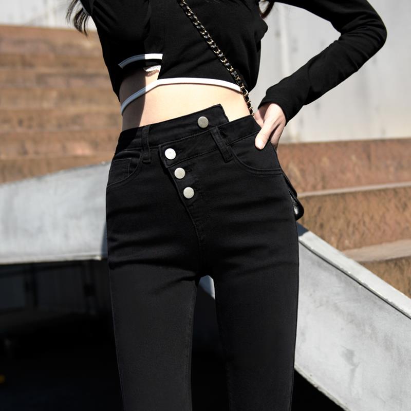 韩国黑色错位排扣高腰牛仔裤女24秋季新款弹力紧身显瘦九分小脚裤