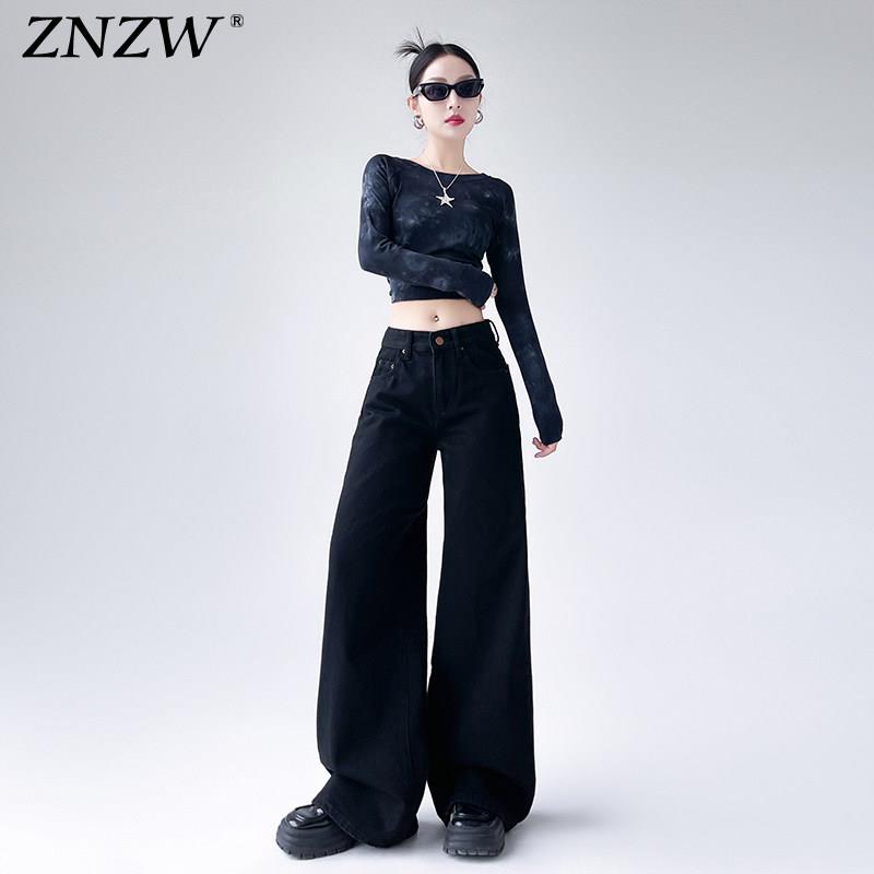 ZNZW黑色阔腿牛仔裤女2026春季宽松高腰垂感慵懒小个子直筒裤子女