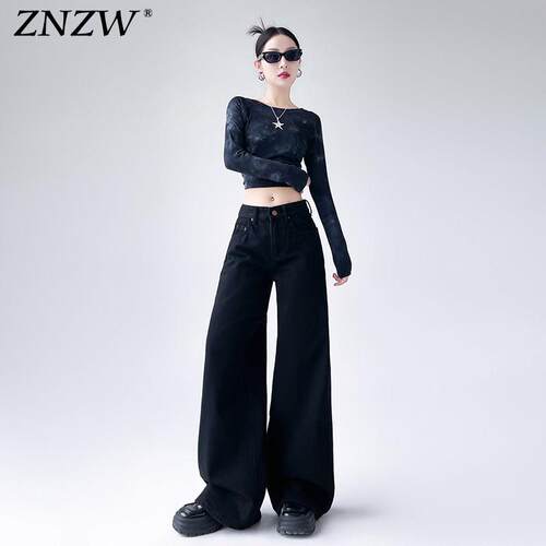 ZNZW黑色阔腿牛仔裤女2026春季宽松高腰垂感慵懒小个子直筒裤子女