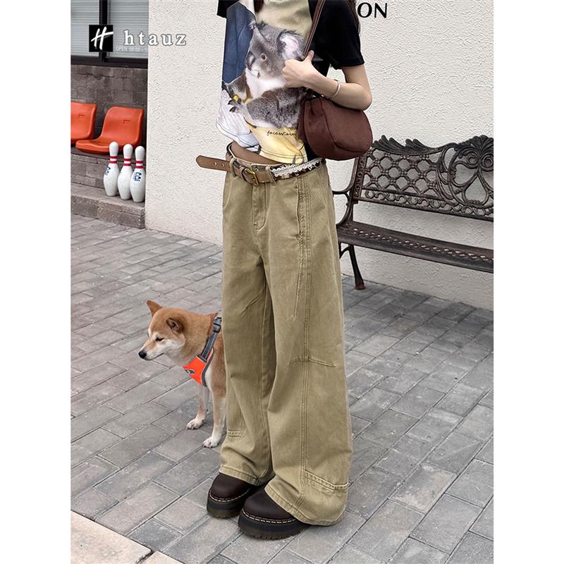 美式复古卡其色弯刀牛仔裤女2026春秋新款高腰显瘦拖地阔腿裤子