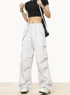 0123Start 美式白色工装裤男女宽松直筒嘻哈伞兵裤夏薄款降落伞裤