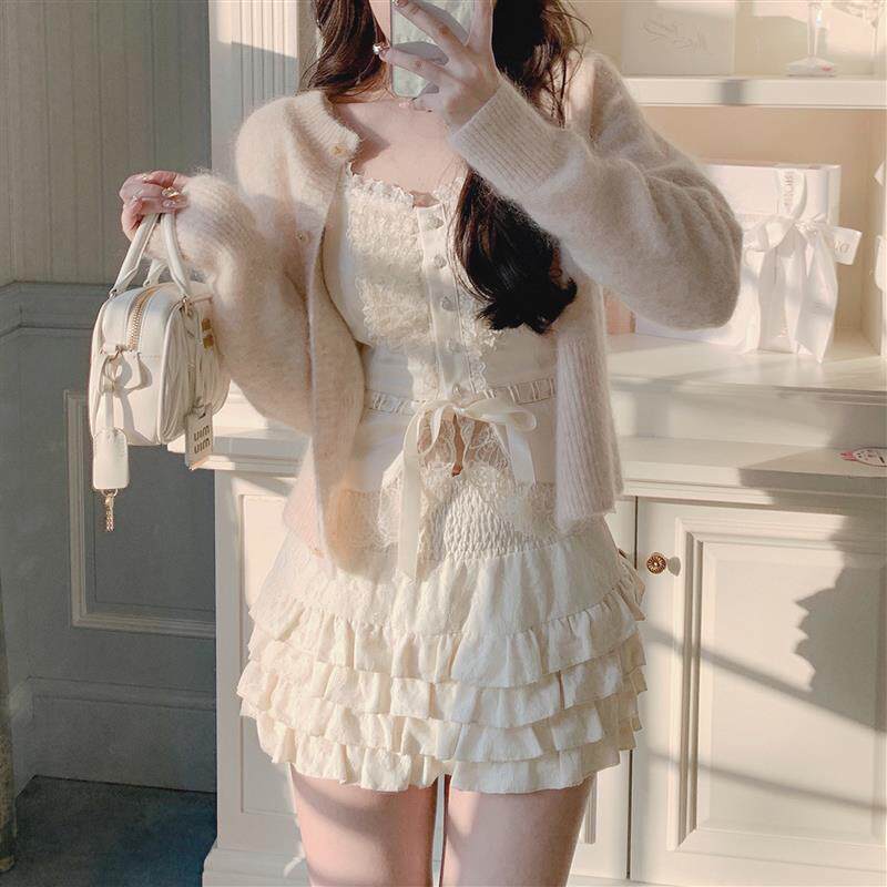 CreamySweet 奶油牌少女感 显瘦黑白蕾丝蓬蓬蛋糕半身裙高腰短裙